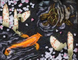 Orange koi fish swims from the lower left corner toward the middle of the frame as a green and brown turtle also turns toward the middle. Several cuts in the burlap are peeled back to expose a printed holiday fabric with red berries. Both the top left and bottom right corners are partly covered by cherry blossom petals floating on the surface of the water.